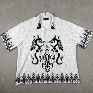 Vintage Club Shirt Men’s 2XL White Black Dragon Tribal Tattoo AOP Y2K Button Up